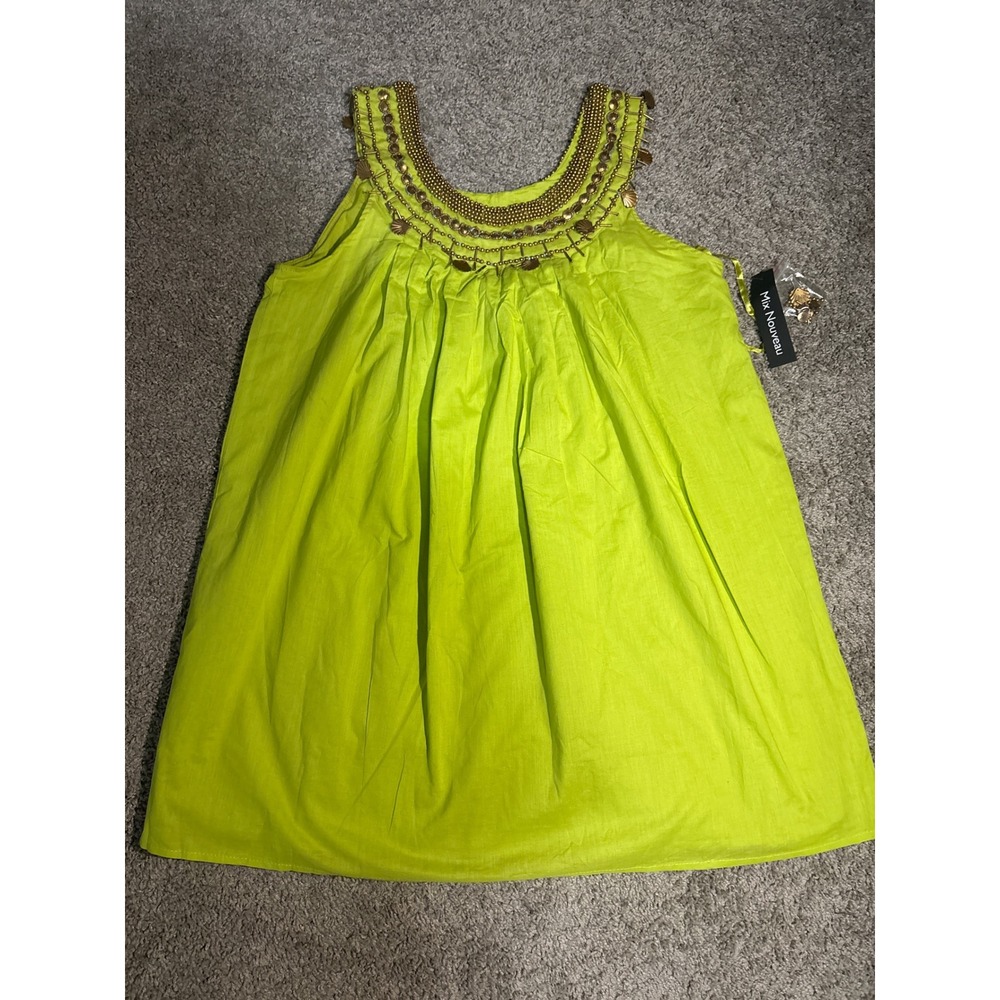 Mix Nouveau Lime Green Beaded Embellished Sleeveless Cotton Tunic Top Dress S